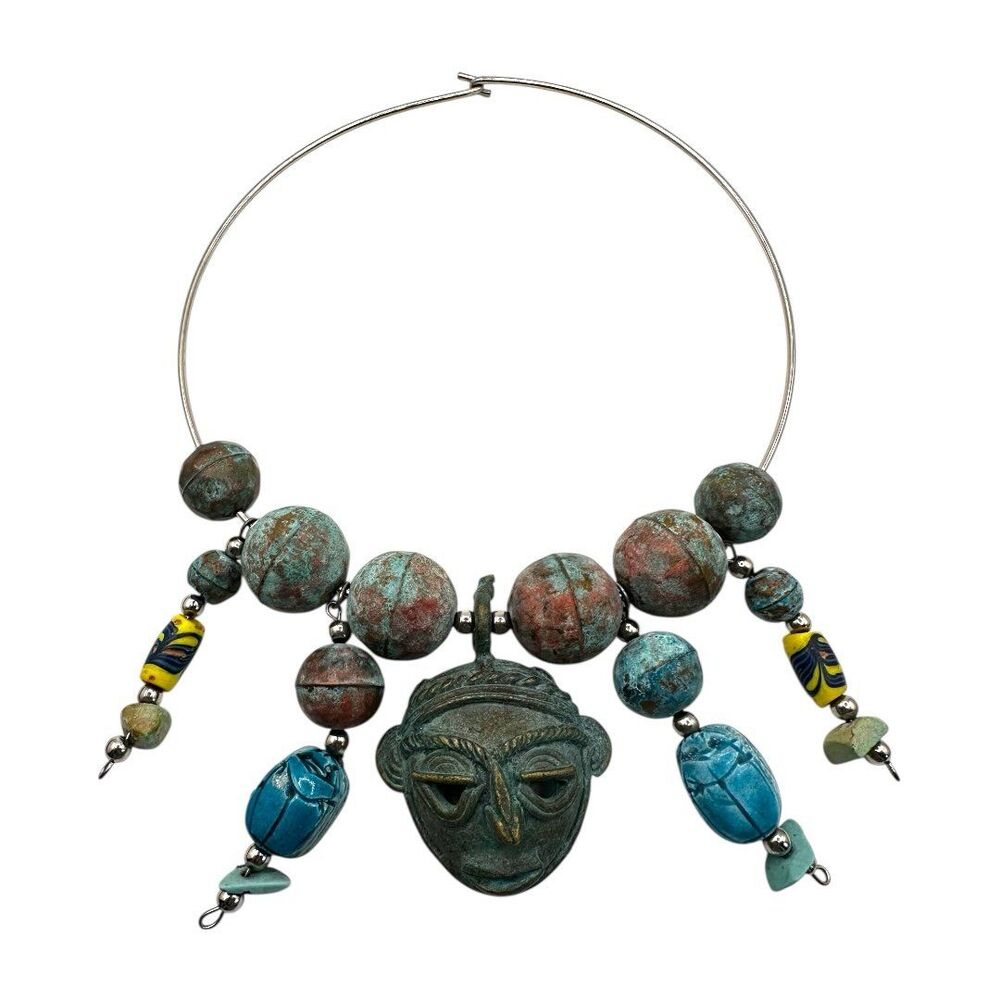 Wire Collar Necklace Bronze Face Pendant Blue Scarab & Trade Beads